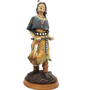 Native American Indian Maiden w/Flute Wearing Traditional Garment Resin Figurine
